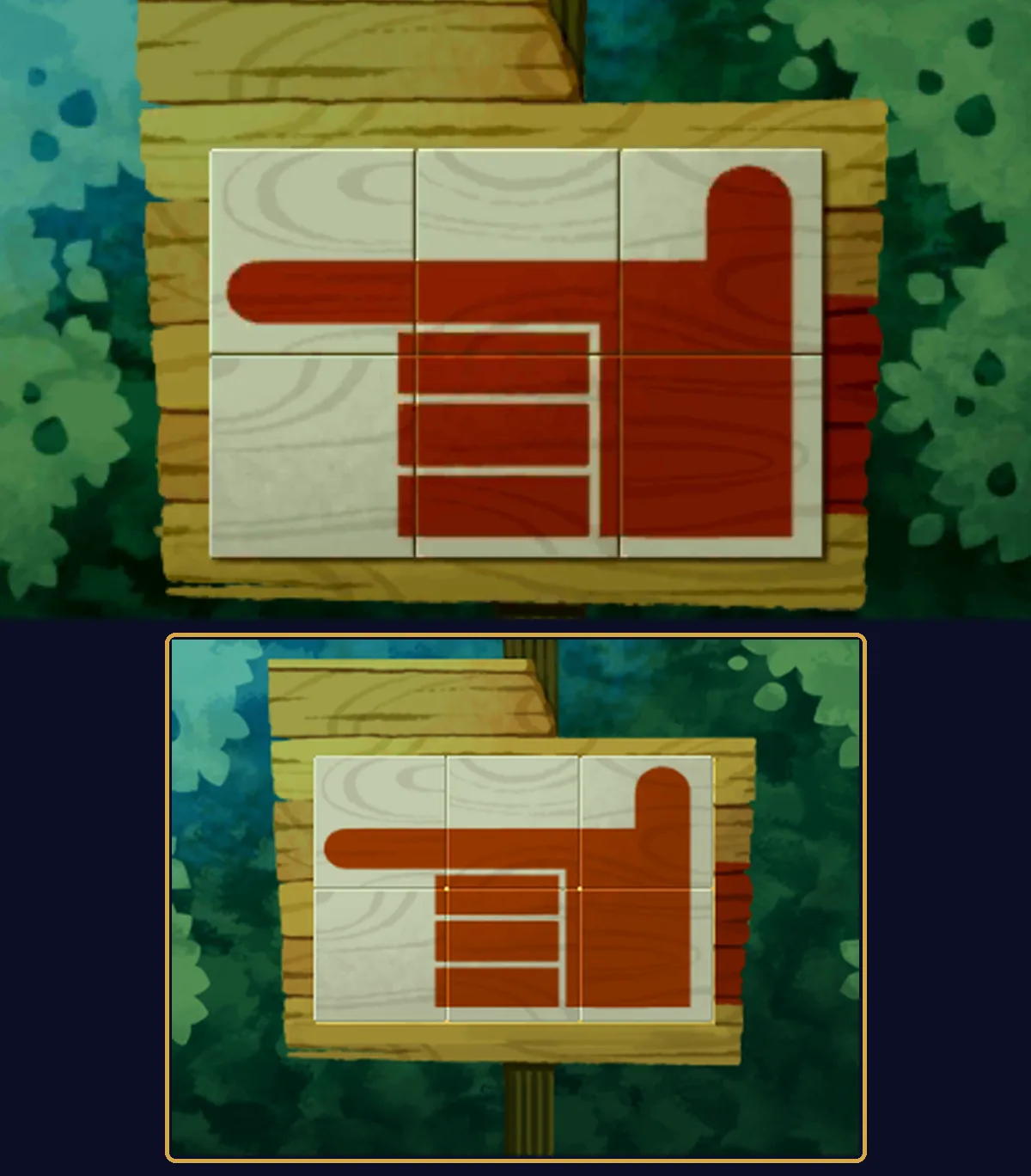 The fixed sign, twice: on the top, a close view of the wooden sign with six pale tiles showing one red-brown hand pointing left, its index finger across the top, the thumb raised on the right and three folded fingers below; below, the same finished picture on the signpost in the forest