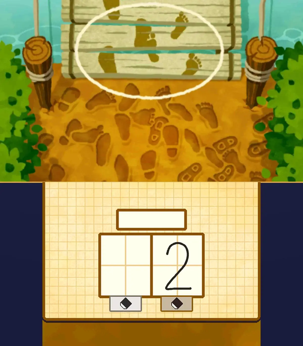 A Muddy Mess solved: a white oval is drawn around the bare footprints on the bridge planks, big prints on the left and in the middle and small prints on the right, and 2 is written in the right-hand answer box