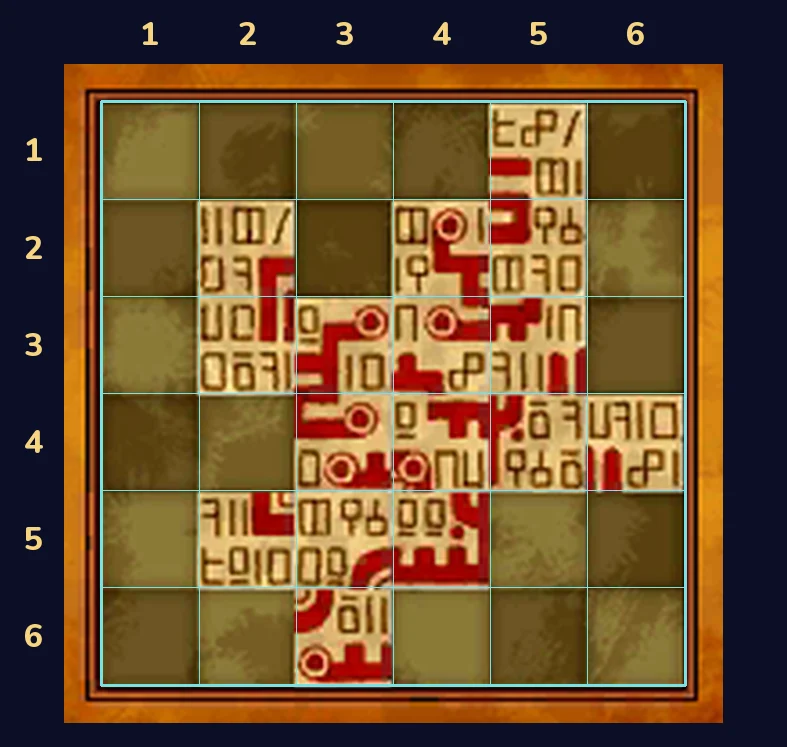 The touch screen board as the puzzle starts, with teal lines marking the 6 by 6 squares, columns numbered 1 to 6 from the left along the top and rows numbered 1 to 6 from the top down the left side