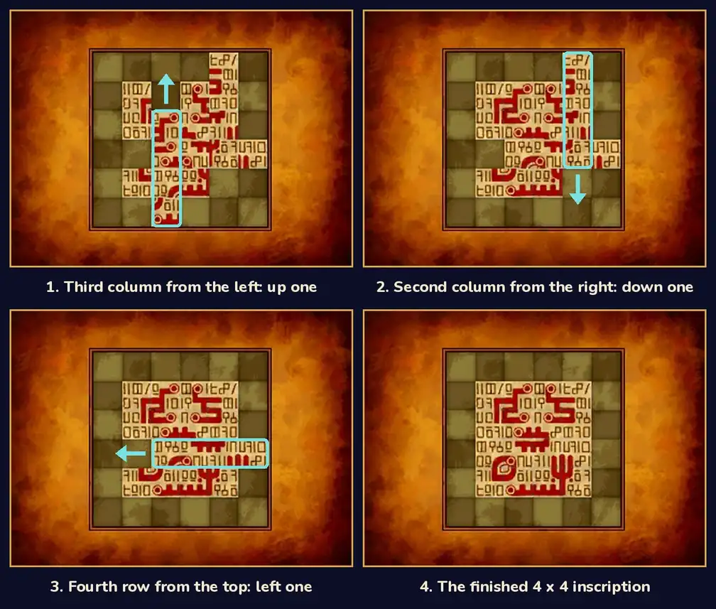 Four copies of the touch screen board in a 2 by 2 grid. Panel 1, captioned Third column from the left: up one, shows the starting pieces with a teal outline around the four pieces in column 3 and a teal arrow pointing up. Panel 2, captioned Second column from the right: down one, has a teal outline around the four pieces in column 5 and an arrow pointing down. Panel 3, captioned Fourth row from the top: left one, has a teal outline around the four pieces in row 4 and an arrow pointing left. Panel 4, captioned The finished 4 x 4 inscription, shows all 16 pieces in one square in the middle of the grid, with their red lines joined