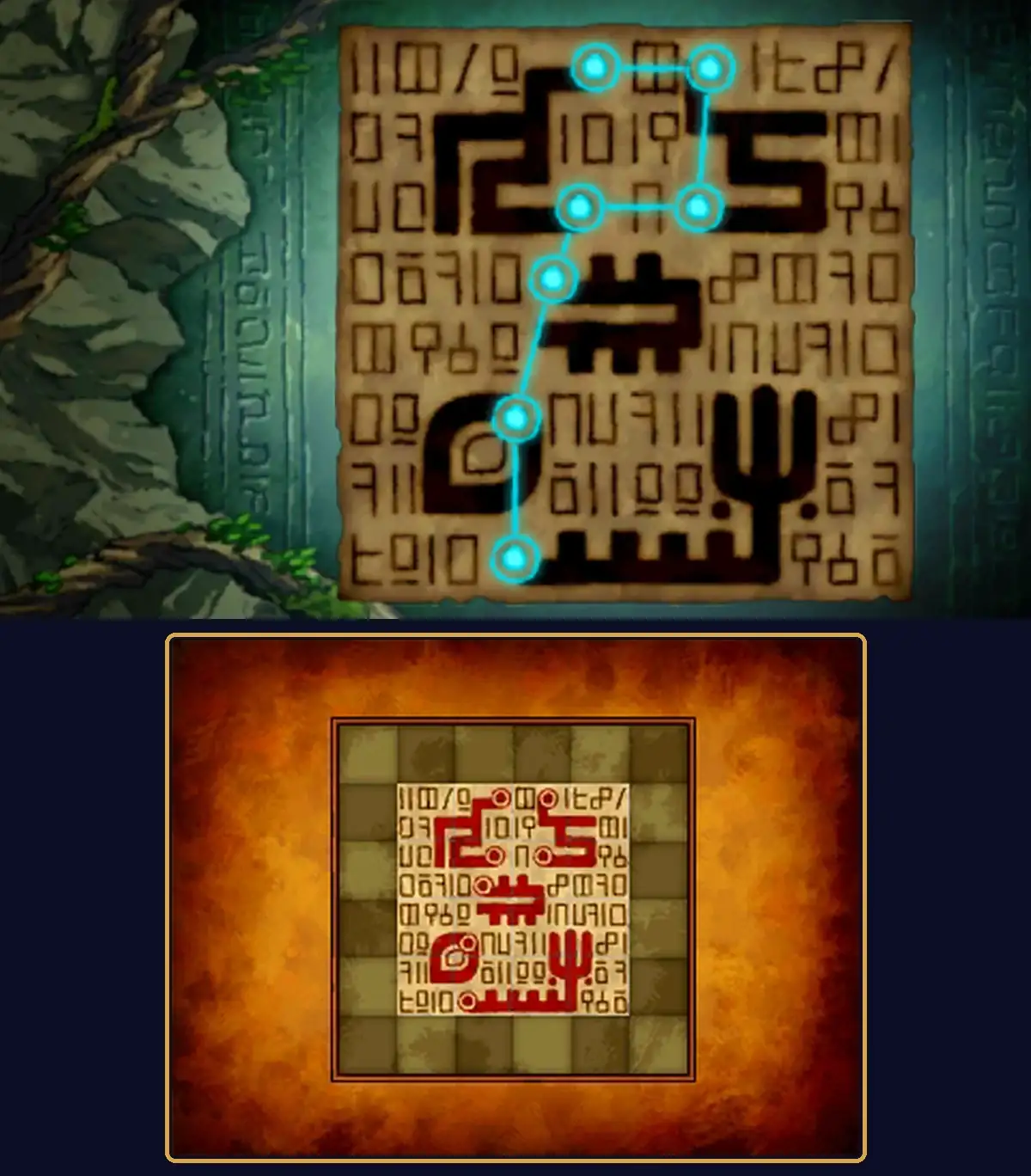 The puzzle after it is solved. On the top, a parchment sheet in front of the green wall shows rows of small symbols and thick black lines, with seven glowing cyan dots joined by a cyan line in the shape of the Big Dipper. Below, the 16 paper pieces form one 4 by 4 square in the middle of the grid, with an empty border of squares around it and the red lines joined