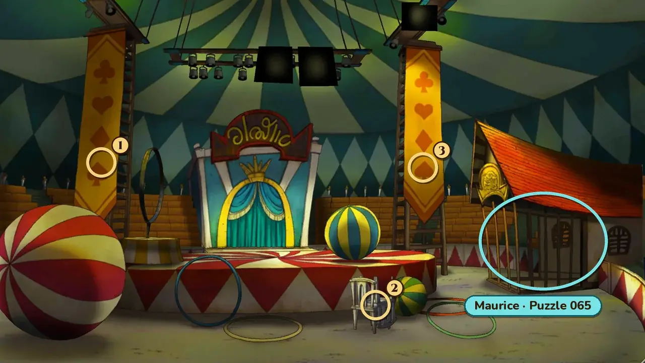 Inside the Big Top: a striped tent roof, a small stage with a blue and gold curtain, big striped balls, hoops on the floor, a white chair and two tall orange banners with card suits, and on the right a small cage with a red roof. Numbered rings mark hint coin spots 1 on the diamond of the left banner, 2 on the chair and 3 on the diamond of the right banner. A teal ring labeled Maurice, Puzzle 065 marks the cage