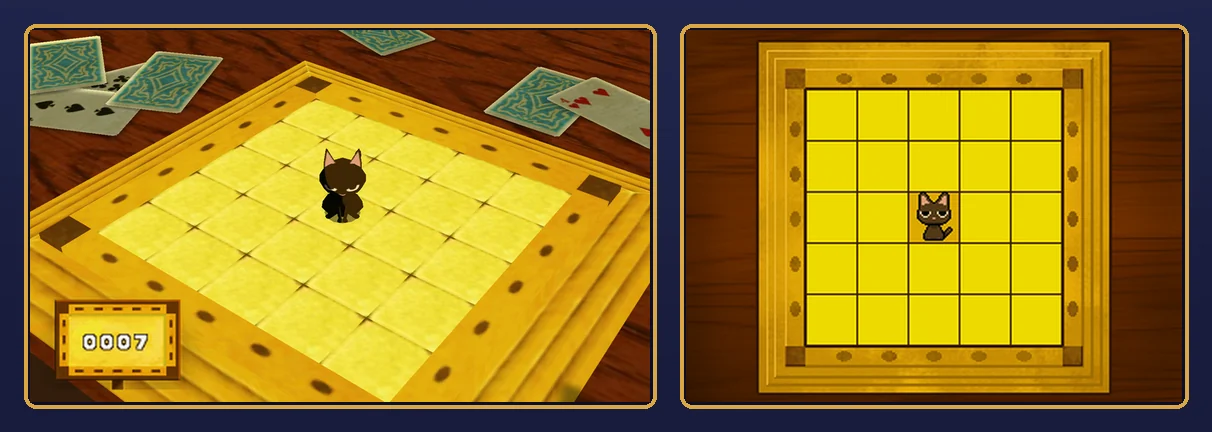 The solved board: on the top screen, the black cat alone in the middle of the yellow board and the signboard counter reading 0007; on the touch screen, the black cat alone on the center square