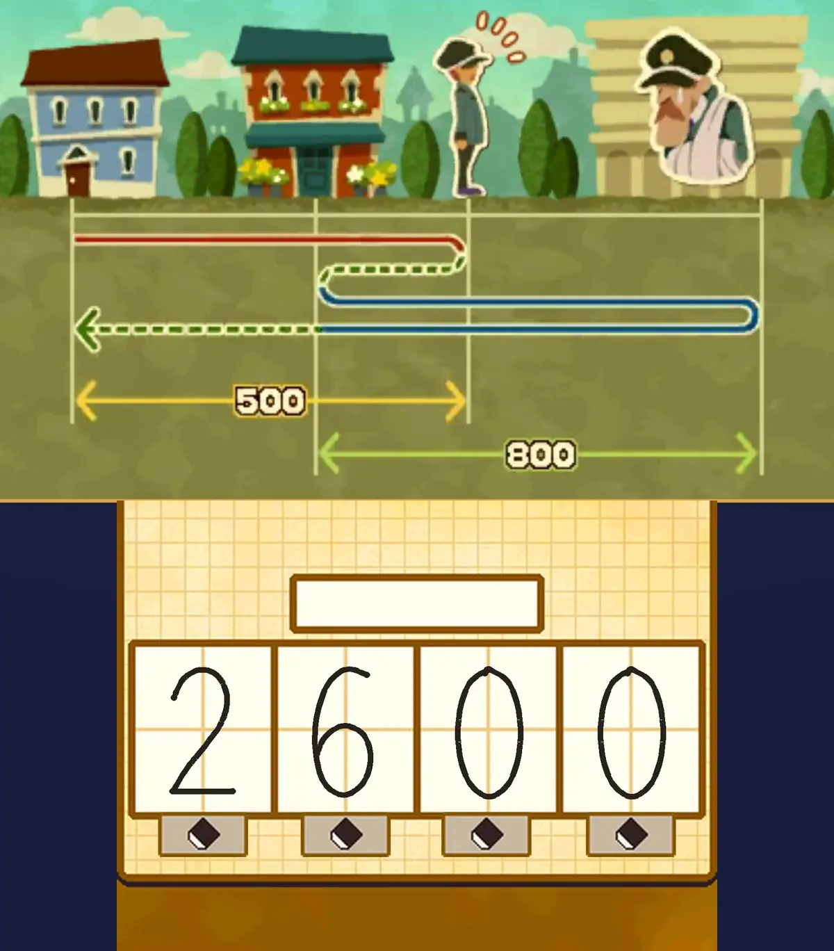 A Trip to the Hospital solved: on the top screen, a blue house and a red brick shop with flowers on the left, the man in the peaked cap with surprise marks over his head in the middle, and an older man in a peaked cap with a moustache and his arm in a white sling on the right, with a red line, dotted lines and a blue loop drawn below them and arrows marked 500 and 800; on the touch screen, 2, 6, 0 and 0 written in the four answer boxes