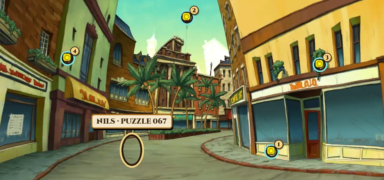 The Merchant District in Professor Layton and the Miracle Mask: a curving street between shops, a yellow corner shop with big blue windows on the right, a green building with a yellow awning on the left, a row of palm trees in a planter in the middle and a red and white balloon in the sky. A gold ring with the name plate Nils, Puzzle 067 marks a spot in the road left of the palm trees, and four hint coin spots are numbered 1 at the low panel on the front of the yellow shop on the right, 2 on the balloon, 3 on the hanging plant on the right-hand building and 4 on the wall lamp on the green building on the left
