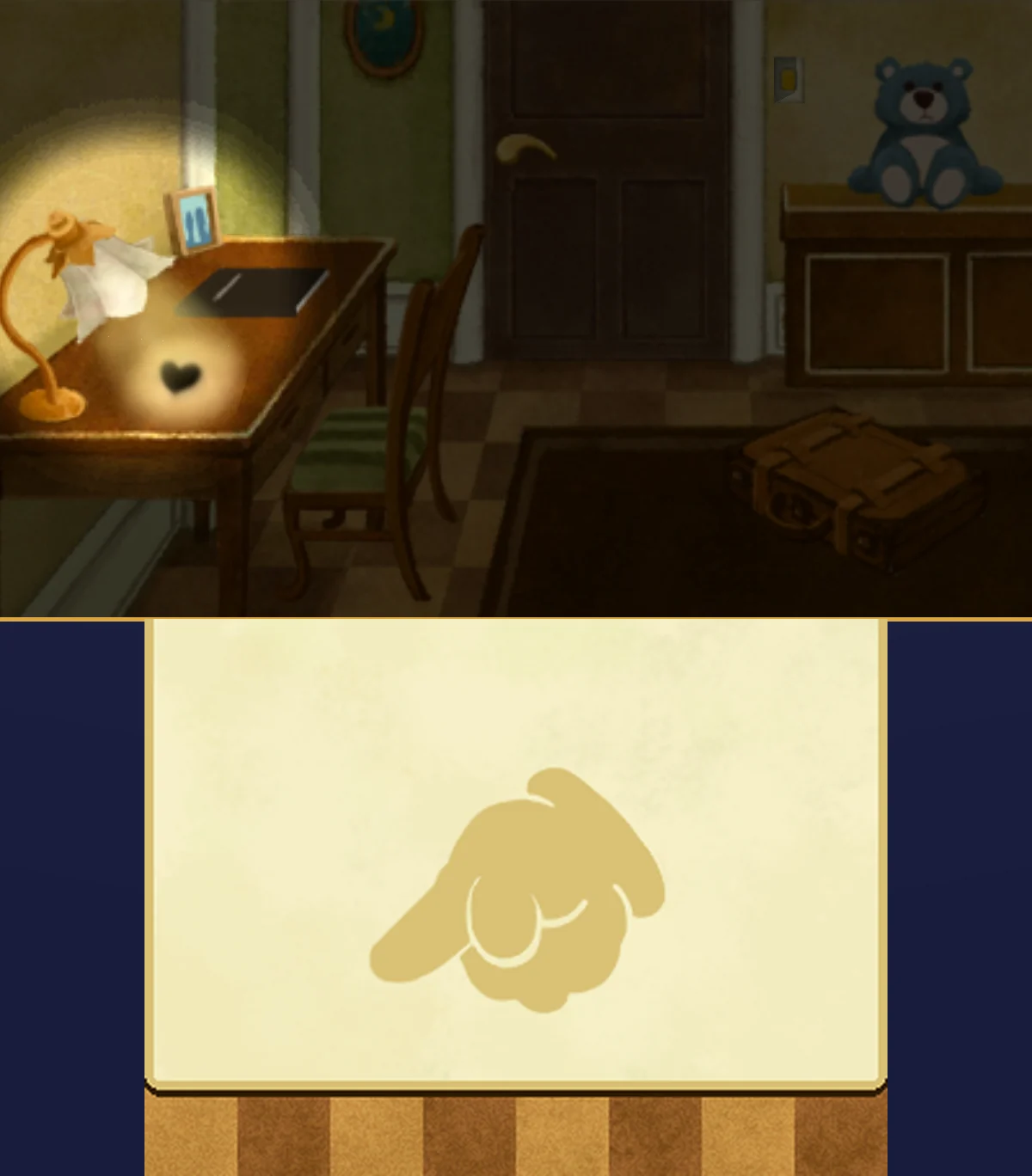 Language of Love solved: on the top screen, the hotel room is dark, the desk lamp is on and its circle of light on the desk shows a dark heart shape; the touch pad with the pointing hand is below