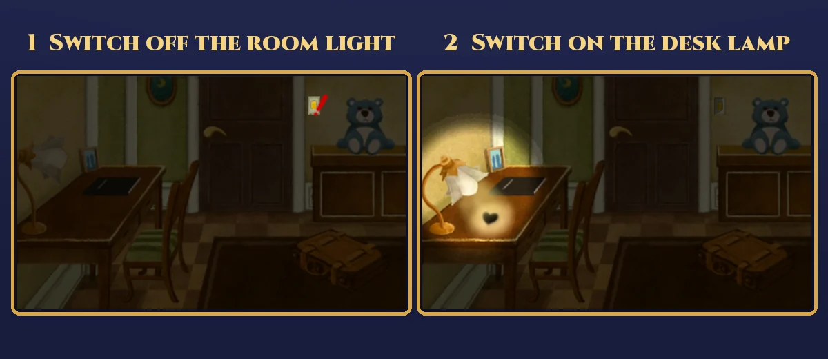 Two panels of the hotel room. Panel 1, labelled Switch off the room light: the room is dark and a red mark sits next to the light switch on the wall to the right of the door. Panel 2, labelled Switch on the desk lamp: the room is still dark, the lamp on the desk is lit and a dark heart shape shows in the circle of light on the desk