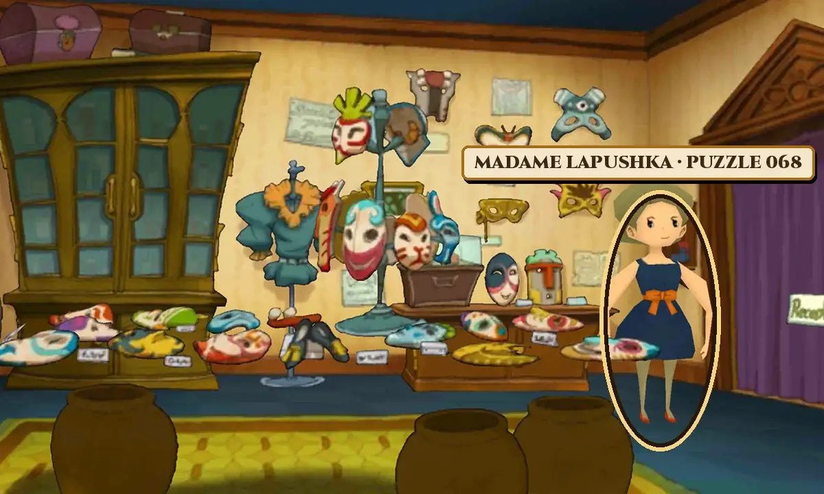 Madame Lapushka's costume boutique in Monte d'Or: a tall glass-fronted cabinet on the left with masks on its lower shelf and two chests on top, masks hanging on the wall and on stands in the middle, a display table of masks, three large clay pots in front, and Madame Lapushka in a navy dress with an orange bow on the right, circled in gold under the name plate Madame Lapushka, Puzzle 068