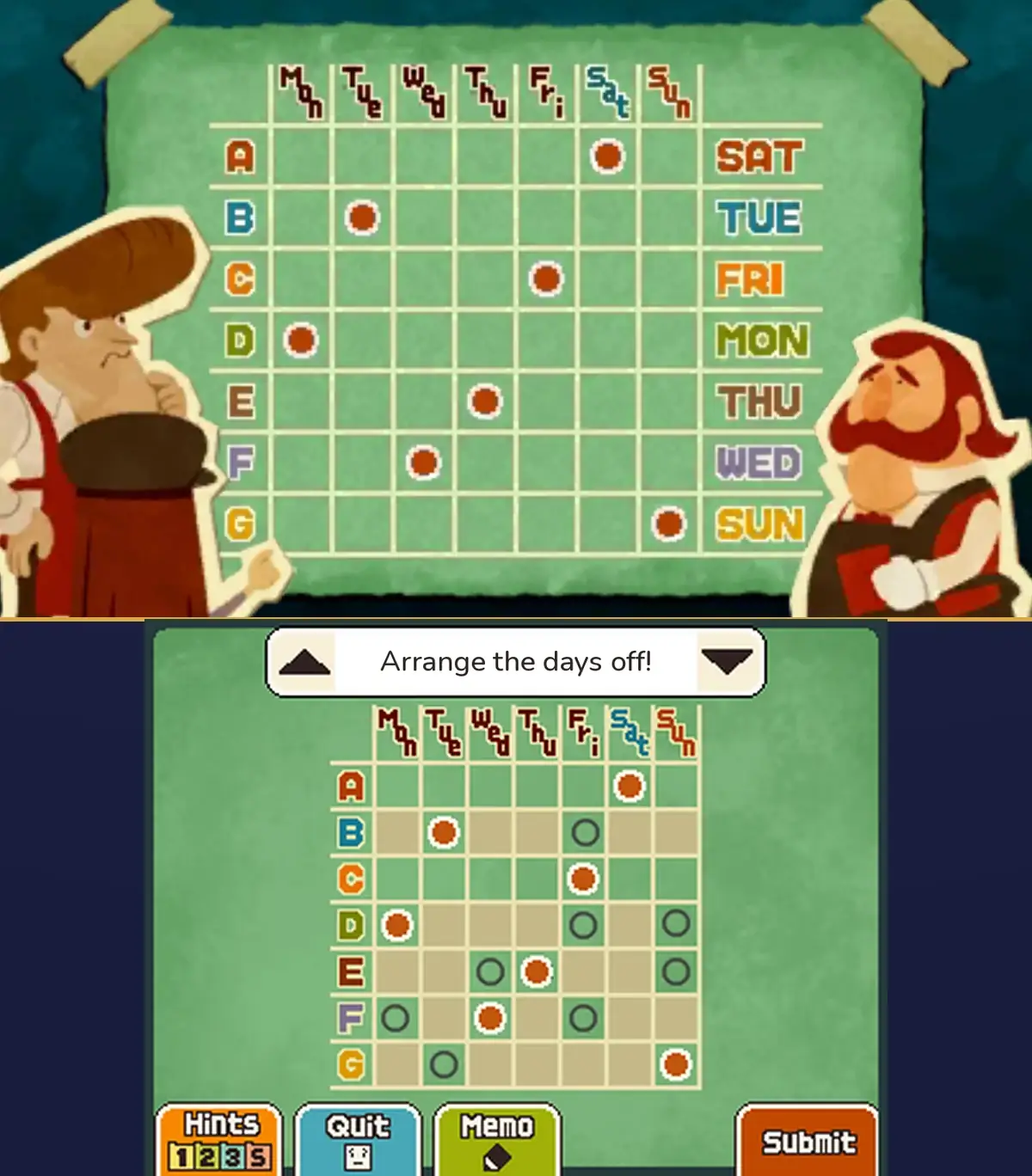 Days of Rest solved: on the top screen, the chart with one orange dot in each row and the days written beside the rows, SAT, TUE, FRI, MON, THU, WED and SUN for A to G, with the shopkeeper with the quiff on the left, hand on his chin, and the red-bearded man on the right; on the touch screen, orange dots at A Sat, B Tue, C Fri, D Mon, E Thu, F Wed and G Sun