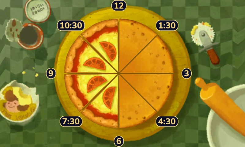The starting pizza with clock labels 12, 1:30, 3, 4:30, 6, 7:30, 9 and 10:30 at the eight cuts; the four slices on the right, from 12 round to 6, are face down and the four slices on the left are face up