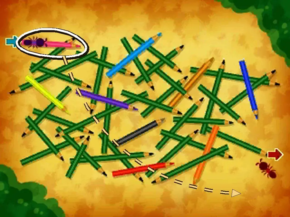 The Puzzle 070 touch screen with a white loop drawn around the pink pencil at the top left, with the purple ant on it beside the blue arrow, and a dashed gold arrow running from the loop down across the pencils to the bottom-right corner near the red ant
