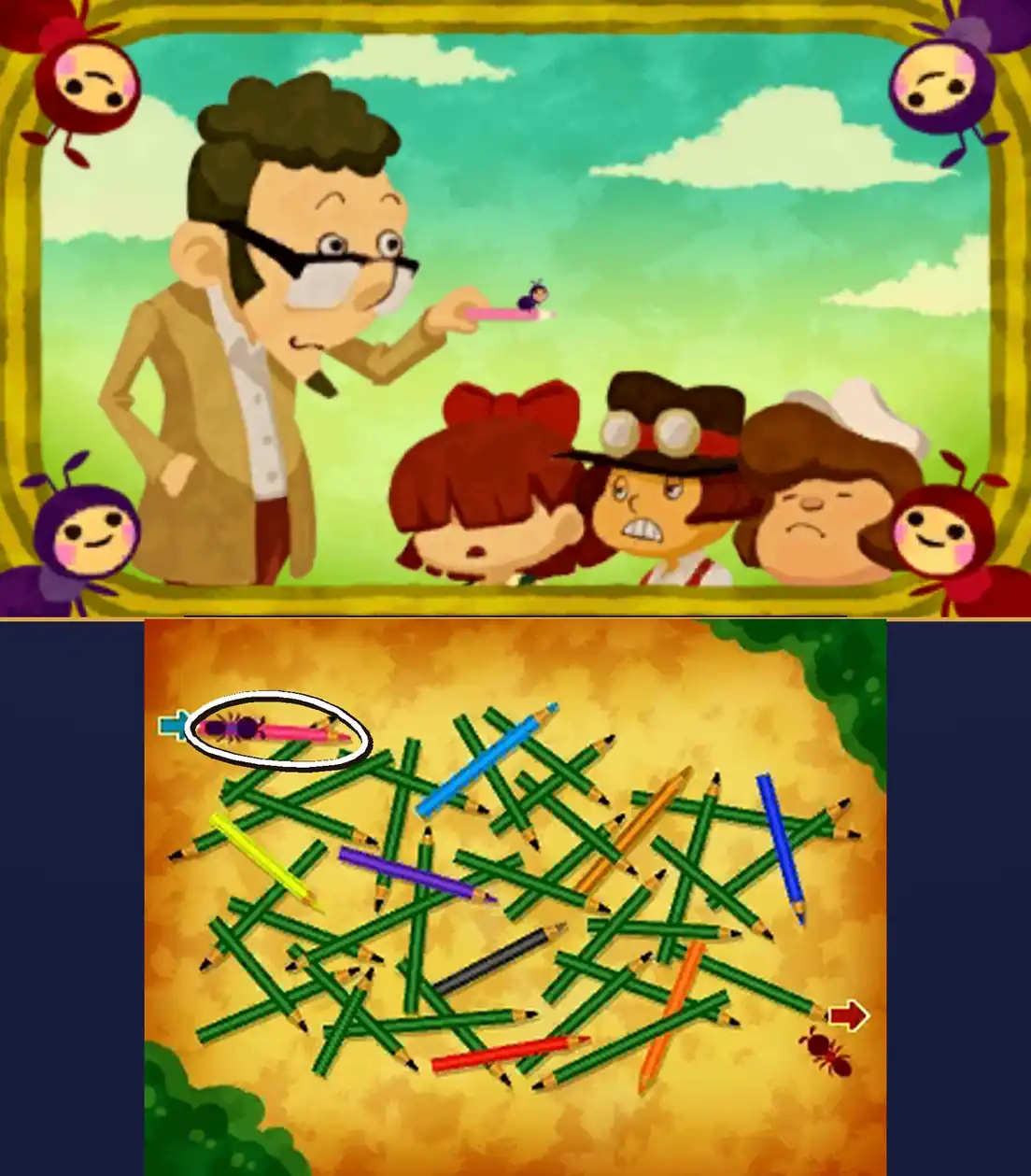 A Perilous Adventure solved: on the top screen, the man in glasses holds up a pink pencil with the purple ant on it while the girl with the red bow, the boy in goggles and the brown-haired child watch, with purple and red ant figures in the corners; on the touch screen, a white loop circles the pink pencil at the top left