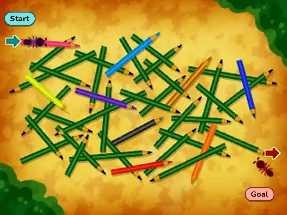 The Puzzle 070 touch screen with labels: Start beside the purple ant and the blue arrow on the top left, and Goal near the red ant and the red arrow on the right near the bottom. Green pencils cross each other all over the board, with light blue, yellow, purple, light orange, blue, black, red and orange pencils among them