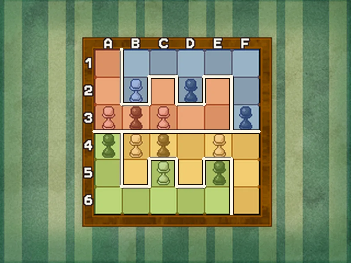 The 6 by 6 board with white cut lines dividing it into four sections of 9 squares: red A1, A2, C2, E2, A3, B3, C3, D3 and E3; blue B1, C1, D1, E1, F1, B2, D2, F2 and F3; yellow B4, C4, D4, E4, F4, B5, D5, F5 and F6; green A4, A5, C5, E5, A6, B6, C6, D6 and E6, each with three pawns including at least one white and one black