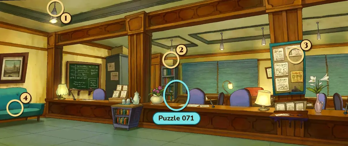 City Hall Reception: a long wooden reception counter with purple chairs behind it, a green chalkboard and a grey cabinet on the left, a bookcase and window blinds at the back, a notice board on a pillar at the right and a teal sofa at the far left. A teal ring labeled Puzzle 071 marks a spot behind the middle of the counter, beside a bowl of pink flowers, and numbered rings mark hint coin spots 1 at a ceiling light at the upper left, 2 at the top of the bookcase behind the counter, 3 at the notice board on the right and 4 at the teal sofa