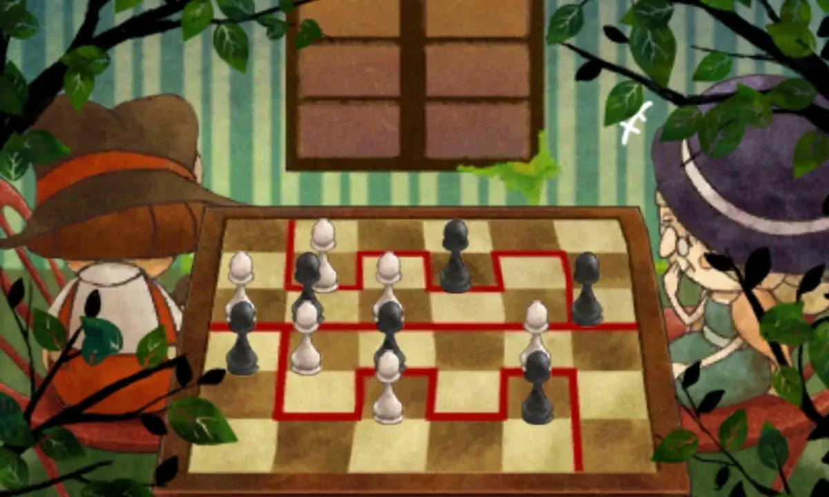 The top screen after the puzzle is solved: red lines drawn on the chessboard split it across the middle and into interlocking comb shapes above and below, while the boy in the brown hat is seen from behind and the player in the purple hat rests a hand on the chin