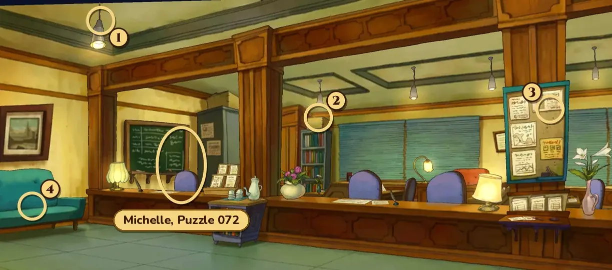 City Hall Reception: a long wooden reception counter with purple chairs behind it, a green chalkboard and a grey cabinet on the left, a bookcase and window blinds at the back and a notice board on a pillar at the right. A gold ring with the name plate Michelle, Puzzle 072 marks the chair behind the left end of the counter, and numbered rings mark hint coin spots 1 at a ceiling light at the upper left, 2 at the box on top of the bookcase behind the counter, 3 at the notice board on the right and 4 at the teal sofa at the far left