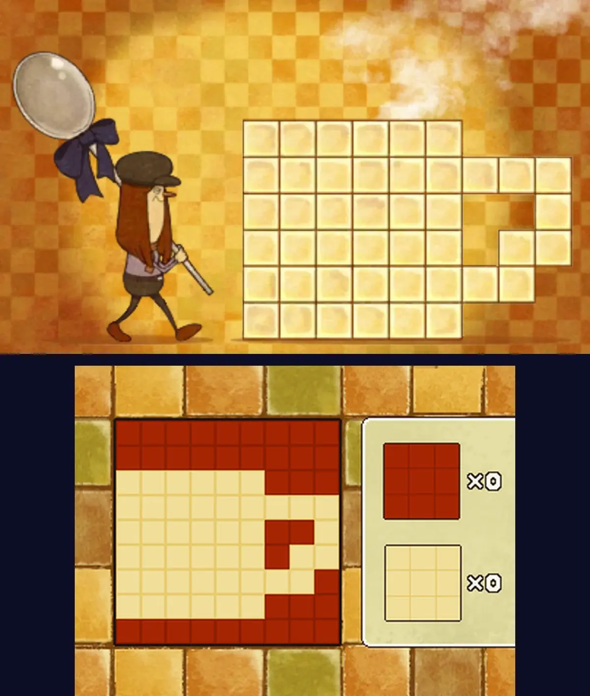 A Cup of Tiles solved: on the top screen the character in the flat cap walking with a giant spoon beside a big cream-colored cup made of tiles, and on the touch screen the finished picture in the frame, a white cup with its handle on a red background, with both pile counts at zero