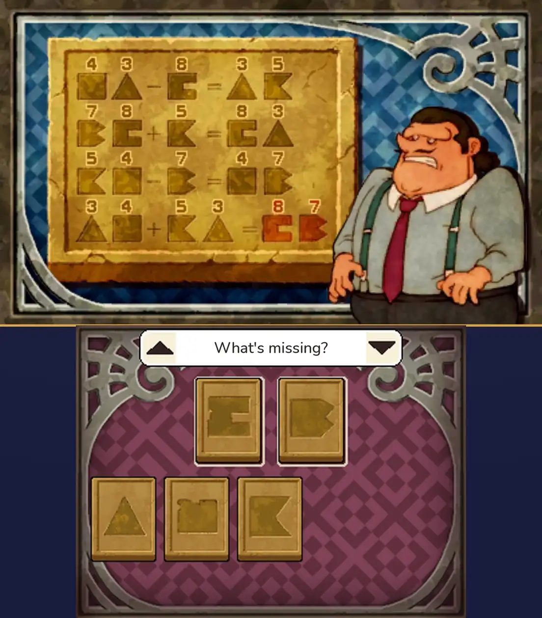 The solved puzzle: on the top, the tablet in front of a blue patterned backdrop, with a small number above every symbol and the last sum finished in red with the C-like and B-like symbols, numbered 8 and 7; Dalston grimaces on the right; below, the C-like tile in the left space and the B-like tile in the right space, with the triangle, square and K-like tiles left in the row