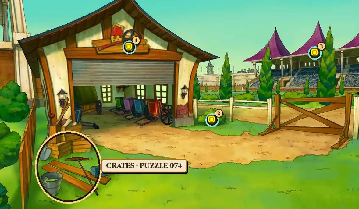 The Racetrack in Monte d'Or: a cart warehouse with a wheel on its sign and its shutter rolled up over a row of colored carts, a wooden fence and gate in front of tall green trees, and a grandstand with purple roofs on the right; a gold ring labelled Crates, Puzzle 074 circles the wooden crates, planks, spade and bucket at the bottom left, and three numbered rings mark the sign above the shutter, a bush by the fence and the edge of the grandstand roof