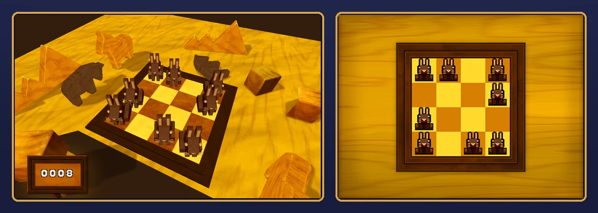 The finished puzzle: on the top screen, eight brown toy rabbits on the wooden board, with the jump counter reading 0008; on the touch screen, brown rabbits on squares 1, 2, 4, 8, 9, 13, 15 and 16