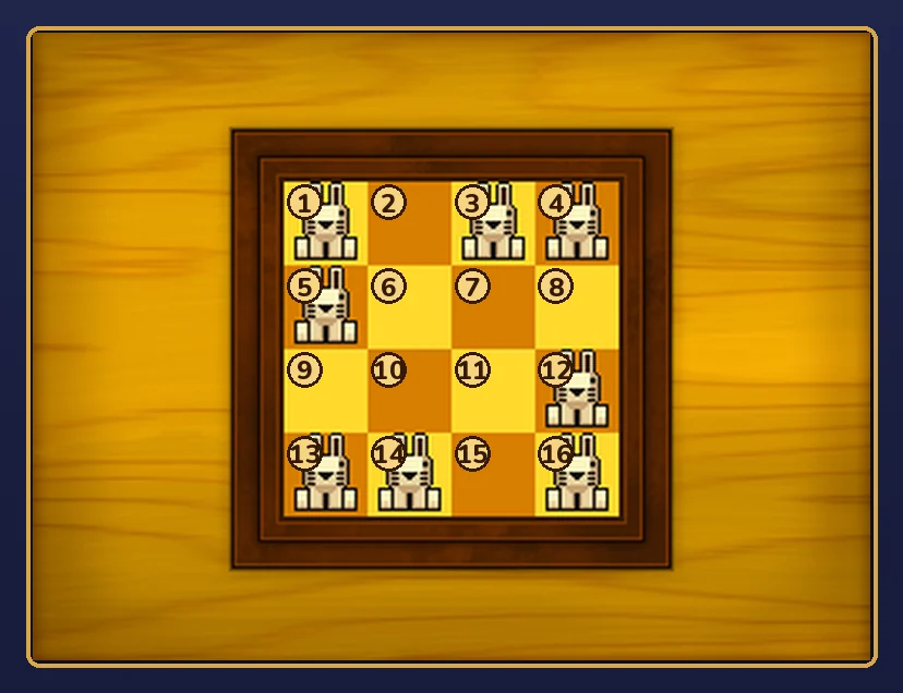 The Bunny-Hop Swap 3 touch screen board with the sixteen squares numbered 1 to 16, left to right and top to bottom, and white rabbits on squares 1, 3, 4, 5, 12, 13, 14 and 16