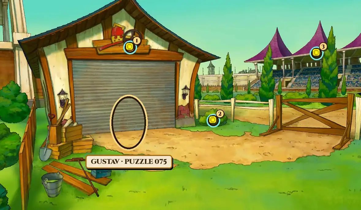 The Racetrack in Professor Layton and the Miracle Mask by day: a cream-colored garage with a brown roof on the left, its roller door pulled down and a sign with a red cart and a wheel above the door, crates, a shovel and planks in front of it, a wooden fence and a gate on the right, and a grandstand with purple pointed roofs in the distance. A gold ring with the name plate Gustav, Puzzle 075 marks a spot on the dirt in front of the garage, and three hint coin spots are numbered 1 at the sign above the garage door, 2 at the small bush by the fence and 3 on the grandstand roof