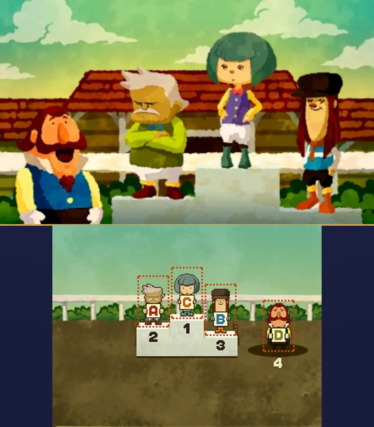 Grand Horse Race solved: on the top screen, the girl with green hair stands on the highest step of a podium, the older man with a white moustache stands on the step to the left with his arms folded, the long-haired racer in the brown hat stands on the lower step to the right, and the red-bearded man laughs in front on the left; on the touch screen, C stands on step 1, A on step 2, B on step 3 and D on the spot marked 4