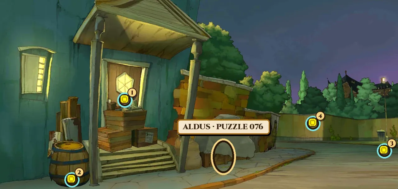Oasis Street at night: on the left a teal house with a lit window and a porch with a pointed roof over a wooden door with a glowing six-sided window, a wooden barrel, planks and stacked wooden crates by the porch steps; in the middle a stone wall and a large pale covered heap; on the right a yellow wall with dark trees behind it, a street lamp and a bin under a purple sky. A gold ring with the name plate Aldus, Puzzle 076 marks a spot on the pavement in front of the covered heap, and hint coin spots are numbered 1 just below the door's window, 2 at the foot of the barrel, 3 by the bin under the street lamp and 4 on the yellow wall just below the trees
