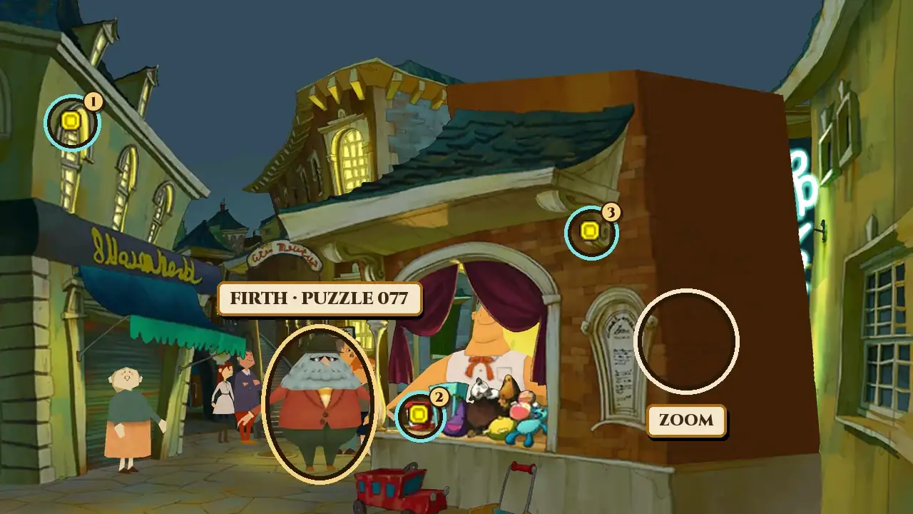 Knickknack Alley at night: on the left a pale green building with lit arched windows and a dark blue awning with yellow lettering over a closed shutter, with a woman in a green top and orange skirt in front of it; in the middle Firth, a man with a huge gray beard and hair, a dark hat, a red jacket and green trousers, with a few passers-by behind him; on the right Guy's brick toy stall with a slate roof and purple curtains, Guy behind the counter with stuffed toys and a red bucket, and a red toy cart in front. A gold ring with the name plate Firth, Puzzle 077 marks Firth, hint coin spots are numbered 1 at the top of an arched window on the upper left, 2 at the red bucket on the stall counter and 3 on the curled decoration under the stall's roof, and a white ring labeled Zoom marks the right side of the stall