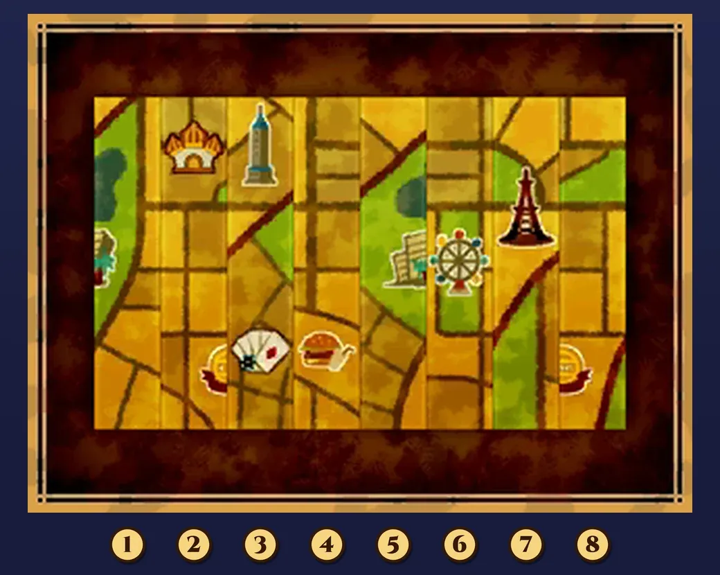 The touch screen of Mishmash Map close up, with the eight map strips in their starting order in the dark brown frame and gold number badges 1 to 8 under the eight slots, from left to right