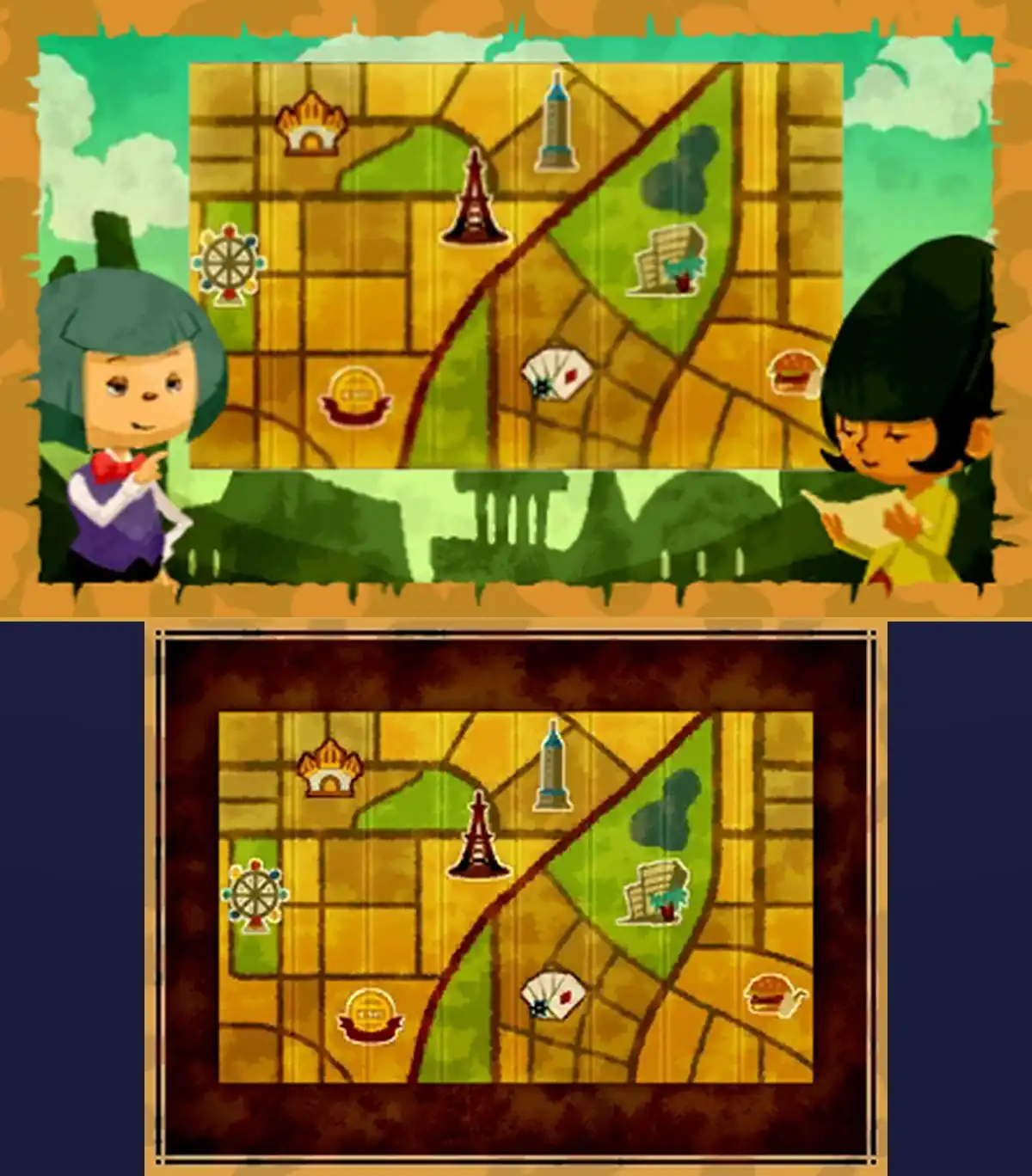 Mishmash Map solved: on the top screen, the two tourists smiling as they look at their mended map; on the touch screen, the eight strips in the right order forming one map, with roads running straight across the folds, the Ferris wheel on the left edge, the two towers in the middle, the park with its pond on the right and the burger on the right edge