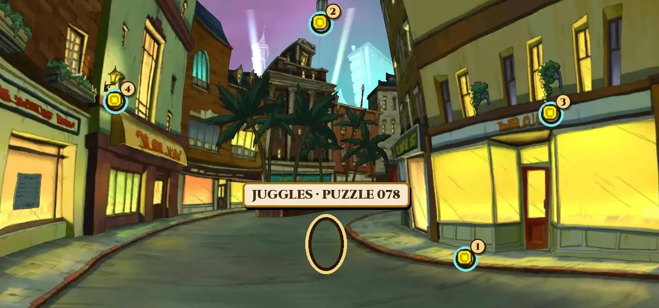 The Merchant District at night in Professor Layton and the Miracle Mask: a curving street between lit shop windows, a yellow corner shop on the right, a green building with a yellow awning on the left, a row of palm trees in a planter in the middle and searchlight beams in a purple sky. A gold ring with the name plate Juggles, Puzzle 078 marks a spot in the road in front of the palm trees, and four hint coin spots are numbered 1 low on the front of the yellow corner shop on the right, 2 high in the sky where the balloon is, 3 by the hanging plant on the right-hand building and 4 on the wall lamp on the green building on the left