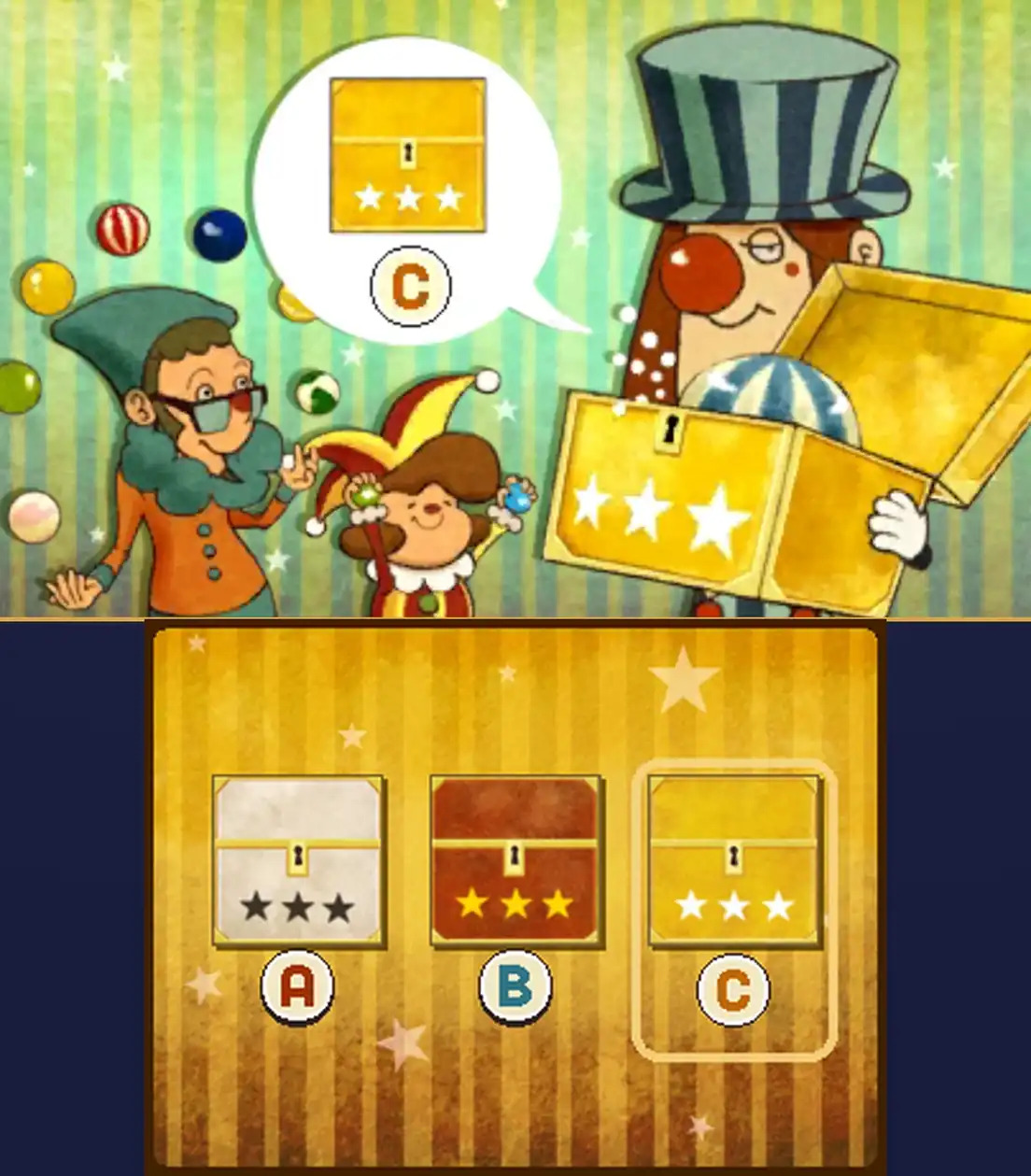 Three Clowns solved: on the top screen, the clown in the striped top hat opens the yellow chest to show the striped blue and white ball inside, with a speech bubble showing the yellow chest and the letter C, while the other two clowns play with colorful balls; on the touch screen, the yellow chest and the C button are framed in gold