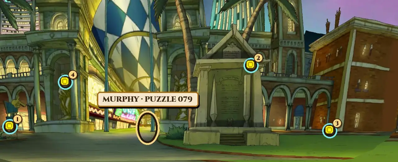 The City Monument at night in Professor Layton and the Miracle Mask: a stone monument on a lawn in the middle, arcades with statues and a lit neon sign on the left, a blue and white checked banner in the distance and a brick building on the right. A gold ring with the name plate Murphy, Puzzle 079 marks a spot on the street left of the monument, and four hint coin spots are numbered 1 at the pointing-hand sign on the far left, 2 at the top of the monument, 3 at the door at the back on the right and 4 at the head of the statue on the left