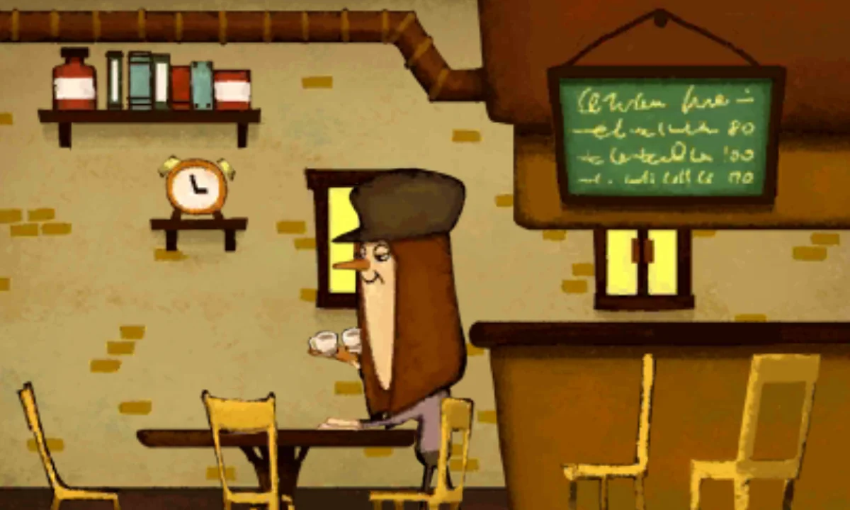The top screen after the puzzle is solved: the café is empty except for A, the person with long brown hair and a dark grey cap, standing by a table with a cup and saucer in hand, with the shelf, the alarm clock, the chalkboard menu, the counter and the yellow chairs around