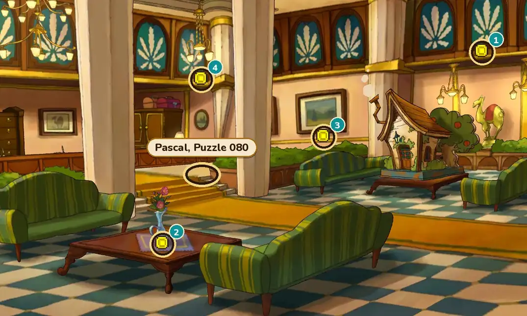 The Dromedary Lobby in Professor Layton and the Miracle Mask: green striped sofas and a wooden coffee table with a vase of pink flowers in front, a checkered floor, two thick cream pillars, a hanging chandelier, a framed landscape painting on the back wall, a little cottage-shaped display with a tree and a golden camel statue on the right, and tall windows with leaf patterns high up. A gold ring with the name plate Pascal, Puzzle 080 marks a spot at the top of the short steps at the back, and four hint coin spots are numbered 1 high on the right wall by the upper windows, 2 at the vase on the coffee table, 3 at the painting and 4 at the chandelier