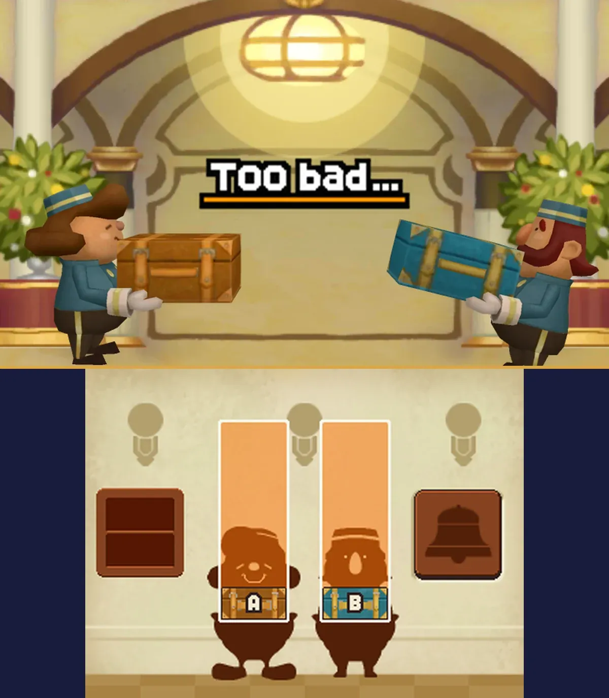 Sharing the Burden 2 with one piece each: on the top, the porter on the left holds the orange piece of luggage and the porter on the right leans back under the teal piece, with Too bad... across the middle; on the touch screen, A sits in the left porter's panel and B in the right porter's panel