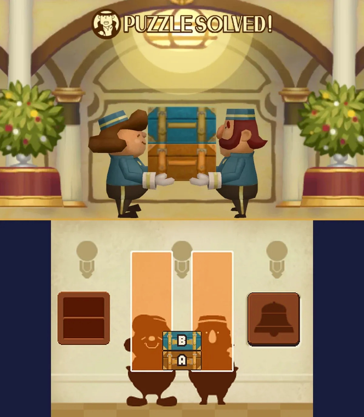 Sharing the Burden 2 solved: on the top, the two porters have stepped toward each other in the middle of the hall and hold the orange piece of luggage with the teal one stacked on it between them, under a Puzzle Solved! banner; on the touch screen, B sits on top of A in the gap between the two orange panels