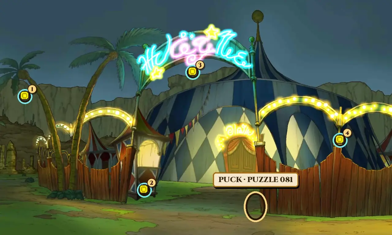 The One-Ring Circus at night: a big blue-and-white striped tent with a lit doorway in the middle, an arch with a glowing pink and blue neon sign in front of it, two palm trees on the left, a small lit ticket booth with a pointed roof, a smaller red-and-white tent and a wooden fence on the left, and a lit arch with a wooden fence on the right, under a dark sky with rocky cliffs behind. A gold ring with the name plate Puck, Puzzle 081 marks a spot on the path by the right-hand fence, and hint coin spots are numbered 1 on the trunk of the left palm tree, 2 at the foot of the ticket booth, 3 just under the neon sign and 4 on the post of the lit arch on the right