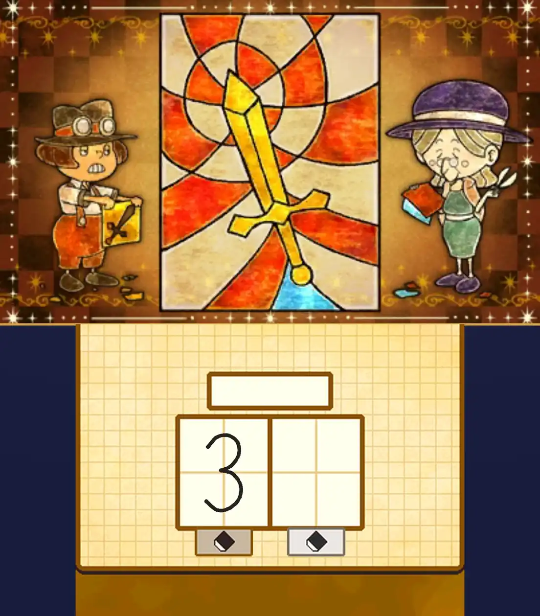 King Arthur's Sword solved: on the top screen, the window with the yellow sword, red and bare glass pieces and a blue piece at the bottom; the child now stands holding a yellow sheet with a sword shape cut out of it, the elderly woman holds red and blue sheets and a pair of scissors, and scraps of colored sheet lie on the floor; on the touch screen, 3 written in the first answer box
