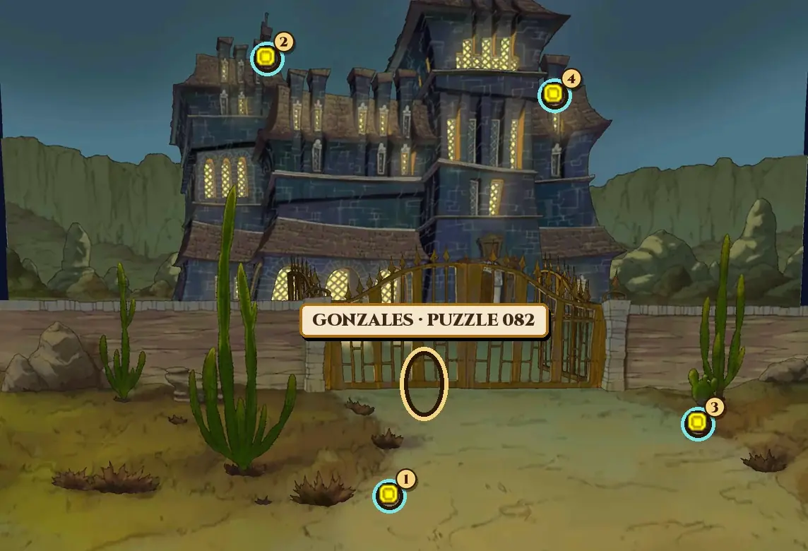 Dalston Mansion at night: a tall, dark blue mansion with many lit windows and pointed roofs behind a low stone wall with an iron gate, tall cacti in the dusty yard and rocky hills under a dark sky. A gold ring with the name plate Gonzales, Puzzle 082 marks the gate, and numbered rings mark hint coin spots 1 on the ground in front of the gate, 2 on the chimney at the top of the left side of the house, 3 at the foot of the small cactus on the right and 4 on the chimney on the right side of the roof