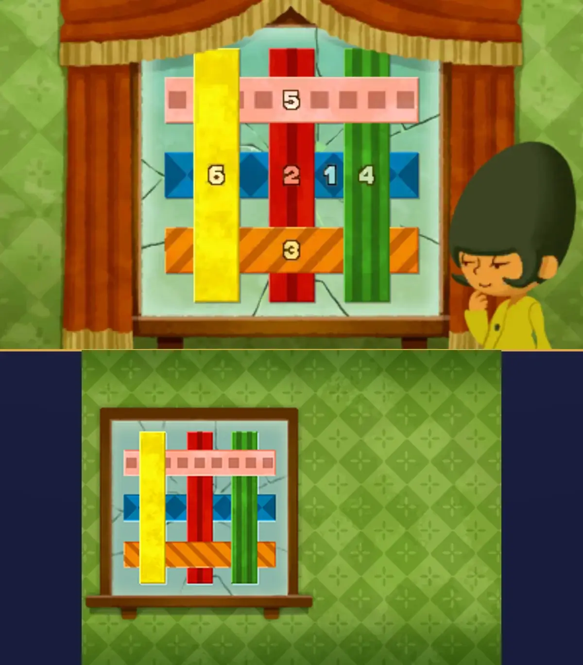 Rainbow Repair solved: on the top screen, the window seen from inside between red curtains, with plain yellow on the left, striped red in the middle and striped green on the right running down, pink with squares at the top, blue with diamonds in the middle and orange with diagonal stripes at the bottom running across, each strip numbered from 1 to 6 in the order it went on, and a man with a tall black haircut in a yellow top on the right; on the touch screen, the window with the same six strips in place