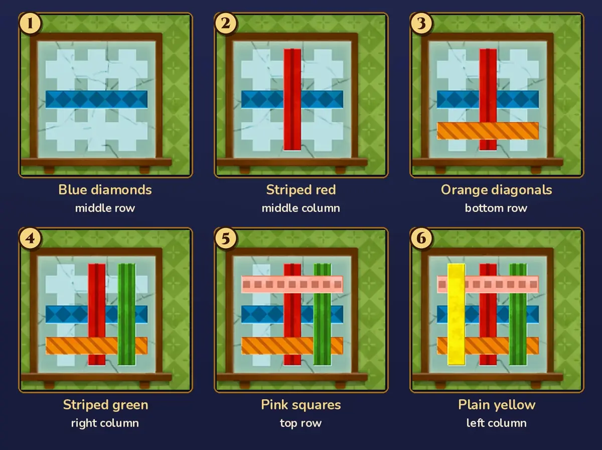 Six numbered pictures of the window on the touch screen, one strip of tape added in each: 1 blue diamonds across the middle row, 2 striped red down the middle column on top of it, 3 orange diagonal stripes across the bottom row, 4 striped green down the right column, 5 pink squares across the top row and 6 plain yellow down the left column