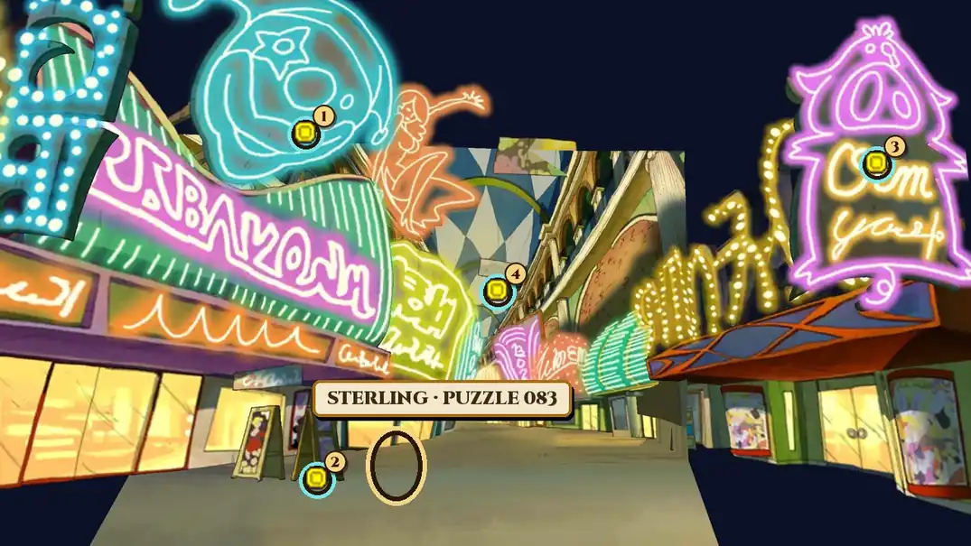Chance Avenue at night in Professor Layton and the Miracle Mask: a street lined with lit shop windows under big neon signs, a blue clown face and an orange acrobat on the left, a pink pig-shaped sign on the right and an arcade with a diamond-patterned roof running into the distance. A gold ring with the name plate Sterling, Puzzle 083 marks a spot in the street next to two signboards on the left, and four hint coin spots are numbered 1 on the blue clown sign, 2 at the foot of the signboards, 3 on the pink pig sign and 4 on a banner hanging far down the arcade