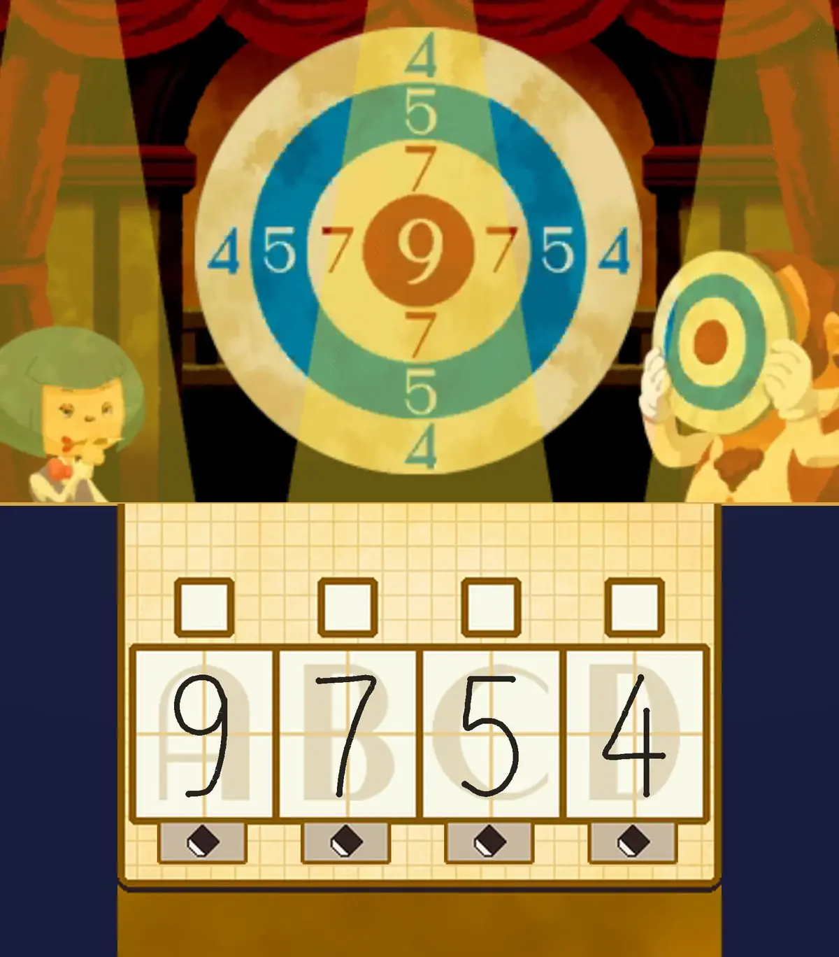 Settle the Scores solved: on the top screen, one large dartboard under spotlights with its rings numbered 4 on the outer ring, 5 on the blue ring, 7 on the next ring and 9 in the center, the girl with the green bob on the left and the bearded man hiding his face behind a small dartboard on the right; on the touch screen, 9, 7, 5 and 4 written in the boxes A, B, C and D