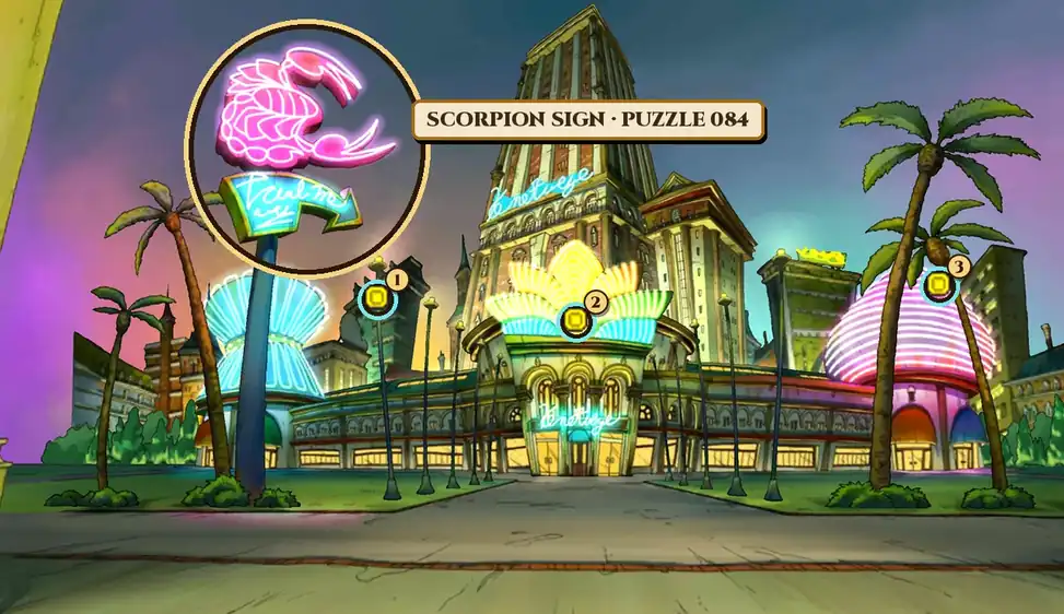 The Casino Entrance in Monte d'Or at night: a golden casino with a glowing fan-shaped neon sign over its entrance and a tall tower behind it, lamp posts along the square, a pink striped dome and palm trees on the right, and on the left a tall pole topped by a pink scorpion neon sign above a blue arrow sign; a gold ring labelled Scorpion sign, Puzzle 084 circles the scorpion sign, and three numbered rings mark the top of a lamp post, the fan-shaped sign over the entrance and the palm tree on the right