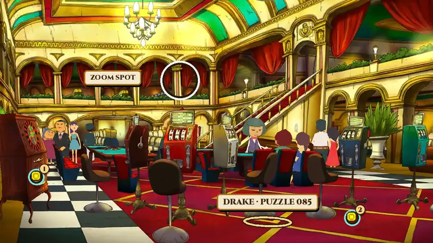 Inside the Casino in the normal view: a golden hall with red-curtained balconies, a chandelier at the top and a red-carpeted staircase on the right; a tall wooden roulette cabinet stands at the far left, slot machines and tall stools stand on a red carpet, and people stand around the card tables, with a green-haired dealer behind the table in the middle; a gold ring on the carpet in front of that table, under a name plate reading Drake, Puzzle 085, marks where Drake stands, a white ring labelled Zoom spot circles the area just above the red slot machine, and numbered coin rings mark 1 on the lower part of the roulette cabinet and 2 on the floor under the dark blue slot machine on the right