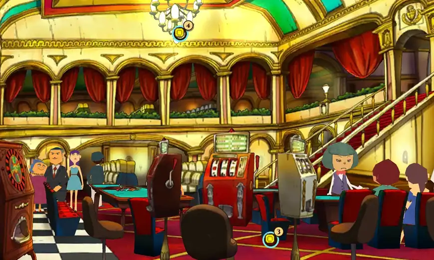 The card tables up close in the zoomed view: a tall wooden roulette cabinet on the left with an old woman, a man in a suit and a young woman in a blue dress beside it, a red slot machine and a pale grey slot machine in the middle, a green-haired dealer behind a card table on the right and a chandelier at the top; coin ring 3 marks the floor at the foot of the pale slot machine's stand, beside a red chair, and coin ring 4 marks the bottom of the chandelier
