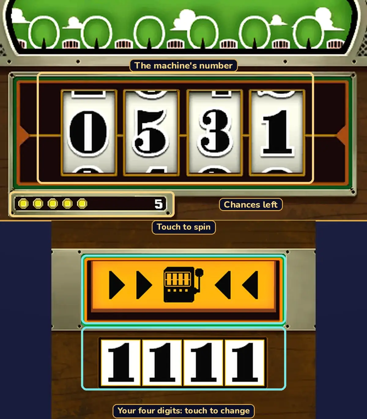 The same puzzle with labels: on the top screen a gold box around the four reels reading 0, 5, 3, 1 is labelled The machine's number, and a gold box around the five yellow lights and the number 5 is labelled Chances left; on the touch screen a teal box around the orange button is labelled Touch to spin, and a teal box around the four tiles reading 1, 1, 1, 1 is labelled Your four digits: touch to change